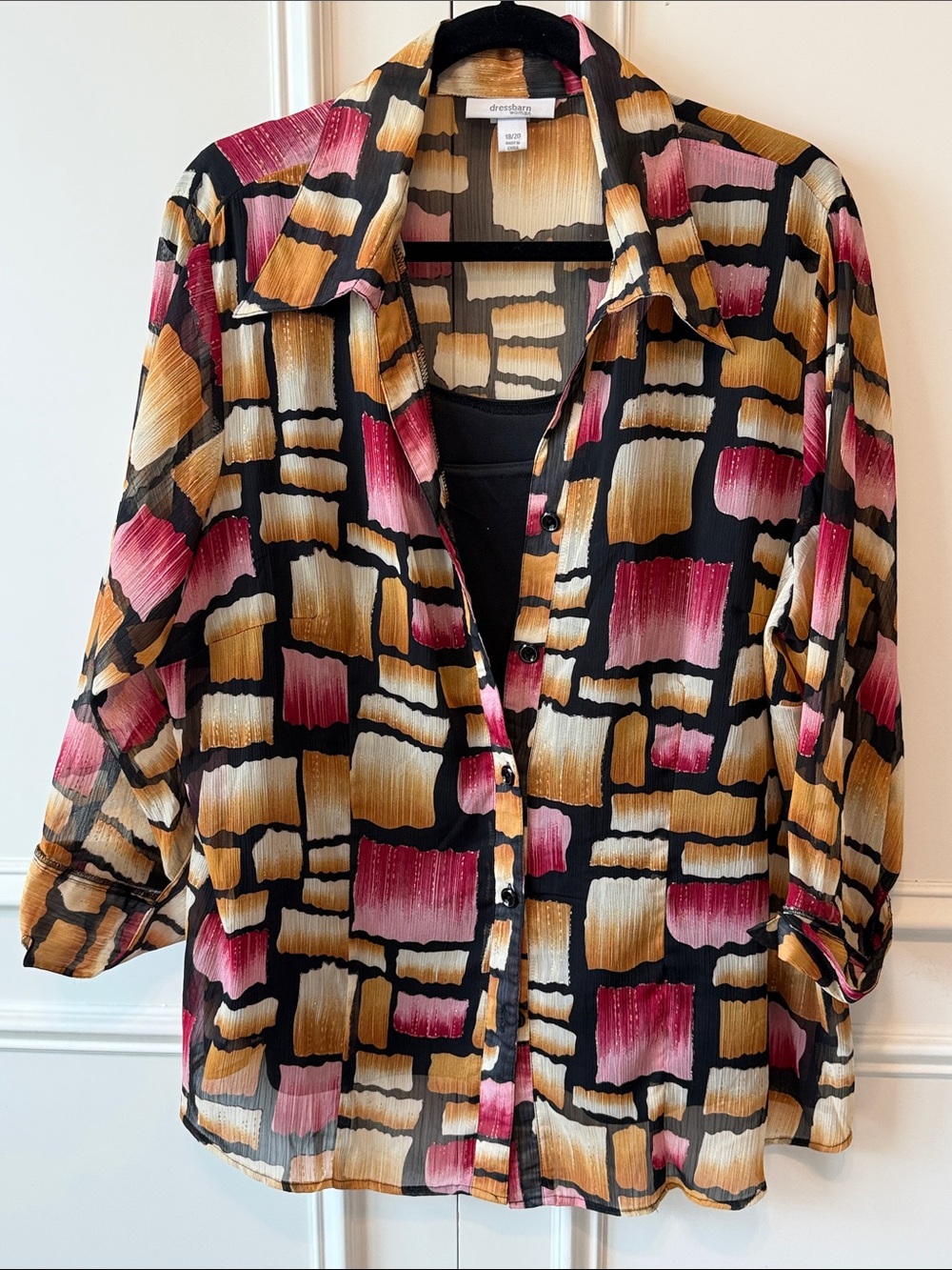 dressbarn Black Button-Front Blouse with Multi Brushstroke Print and Black Cami